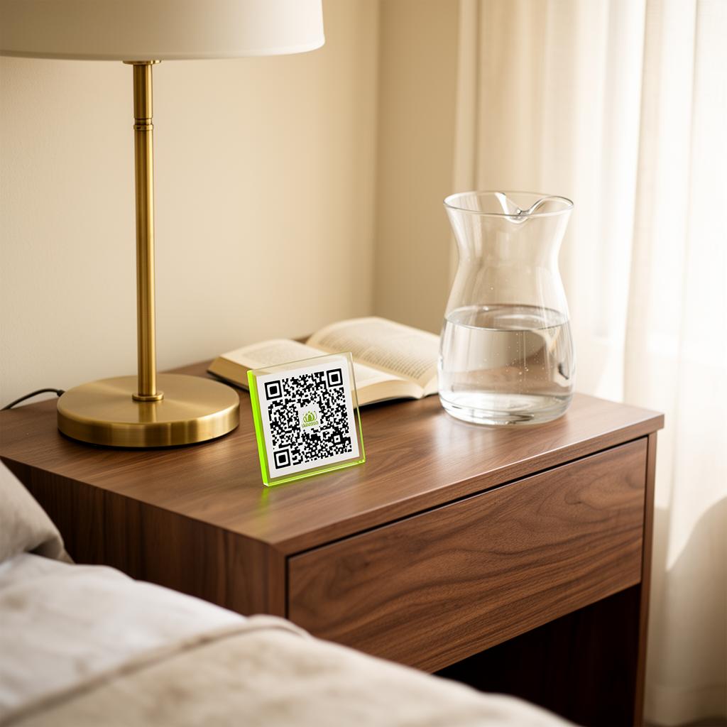 Premium acrylic QR card with lime-green edge sitting on a walnut nightstand beside a brass lamp