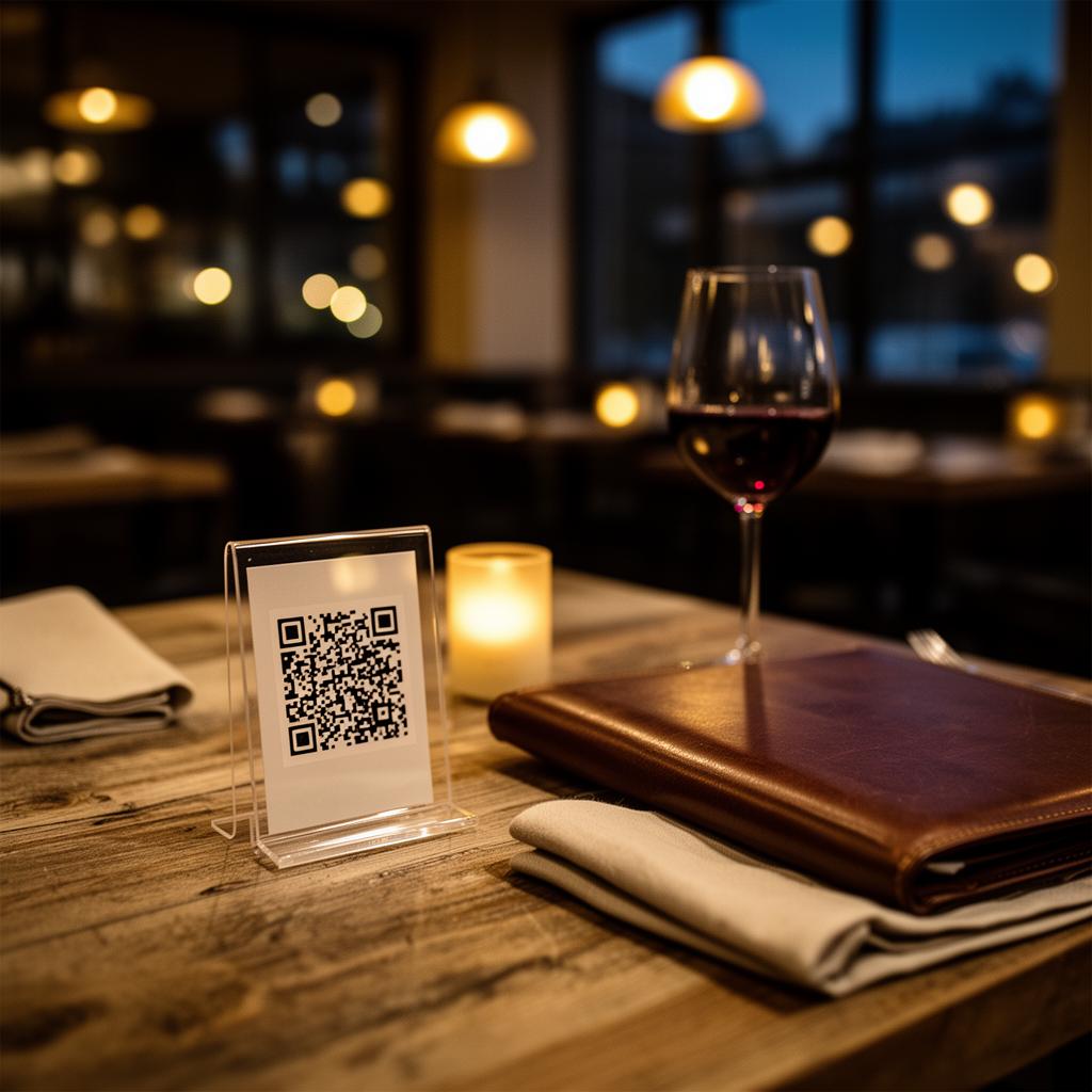 Clear acrylic QR table tent on a candlelit restaurant table beside a leather menu